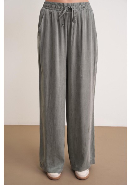 4697 Kadın Eskitme Bağcıklı Saten Bol Paça Palazzo Pantolon Haki indirimleri