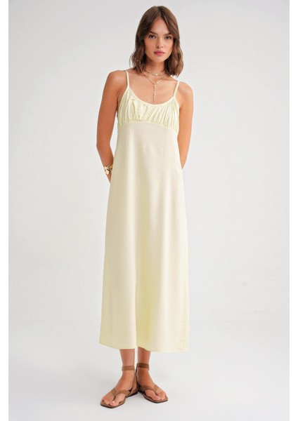 4742 Kadın Ip Askılı Büzgü Detaylı Midi Elbise Sarı fiyatları