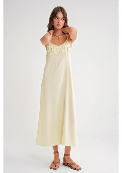 4742 Kadın Ip Askılı Büzgü Detaylı Midi Elbise Sarı modelleri