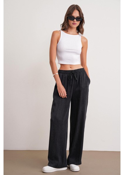 4697 Kadın Eskitme Bağcıklı Saten Bol Paça Palazzo Pantolon Siyah