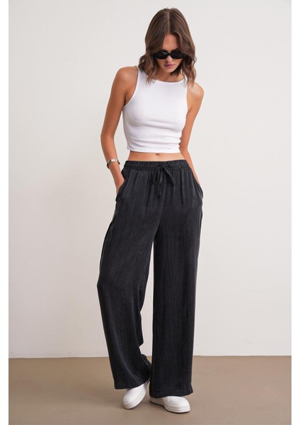 4697 Kadın Eskitme Bağcıklı Saten Bol Paça Palazzo Pantolon Siyah fiyatları