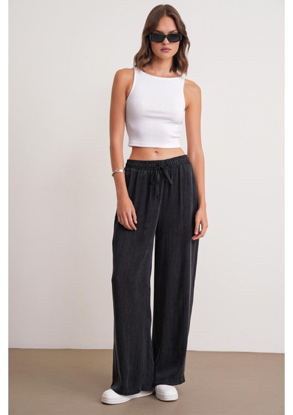 4697 Kadın Eskitme Bağcıklı Saten Bol Paça Palazzo Pantolon Siyah modelleri
