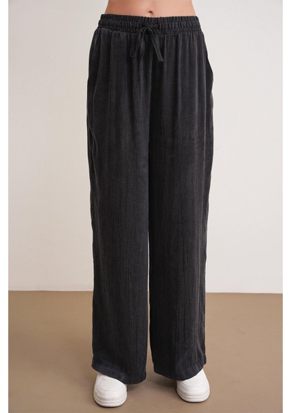 4697 Kadın Eskitme Bağcıklı Saten Bol Paça Palazzo Pantolon Siyah indirimleri