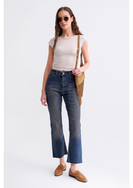 2007 Kadın Crop Ispanyol Paça Likralı Vintage Jean Pantolon Koyu Mavi