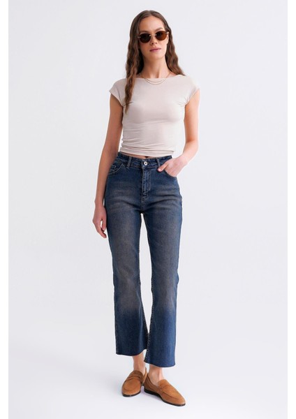 2007 Kadın Crop Ispanyol Paça Likralı Vintage Jean Pantolon Koyu Mavi fiyatları