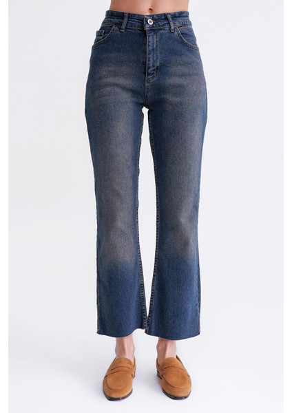 2007 Kadın Crop Ispanyol Paça Likralı Vintage Jean Pantolon Koyu Mavi modelleri