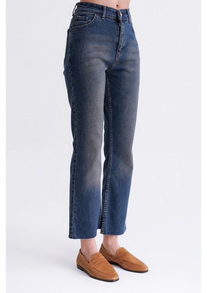 2007 Kadın Crop Ispanyol Paça Likralı Vintage Jean Pantolon Koyu Mavi fırsatları