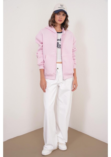 2023 Unisex 3iplik Basic Polarlı Fermuarlı Sweatshirt Hoodie Pembe fiyatları