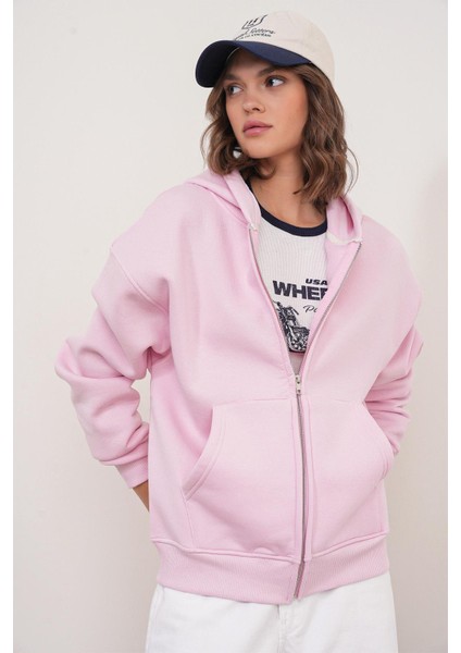 2023 Unisex 3iplik Basic Polarlı Fermuarlı Sweatshirt Hoodie Pembe modelleri