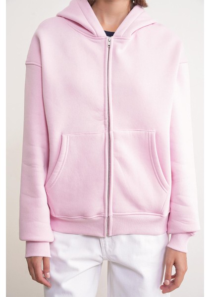 2023 Unisex 3iplik Basic Polarlı Fermuarlı Sweatshirt Hoodie Pembe indirimleri