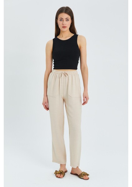 4617 Kadın Çift Cepli Dökümlü Pantolon Bej modelleri