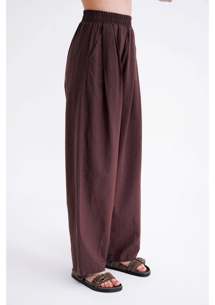 4682 Kadın Beli Lastikli Jogger Bol Keten Pantolon Kahve indirimleri