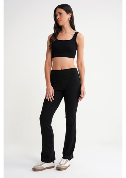 2016 Kadın Yüksek Bel Ispanyol Paça Örme Tayt Siyah