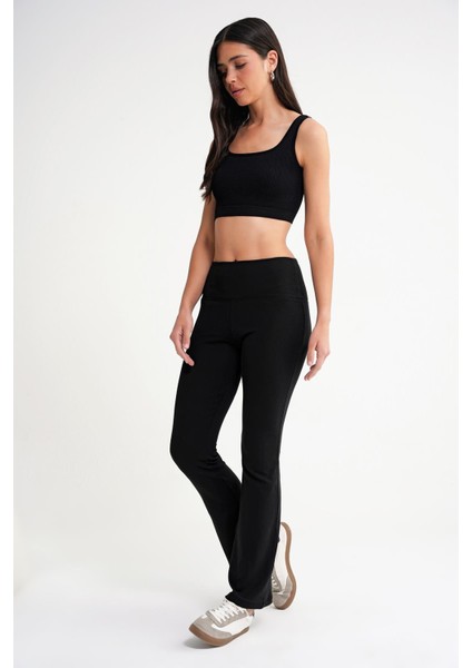 2016 Kadın Yüksek Bel Ispanyol Paça Örme Tayt Siyah fırsatları