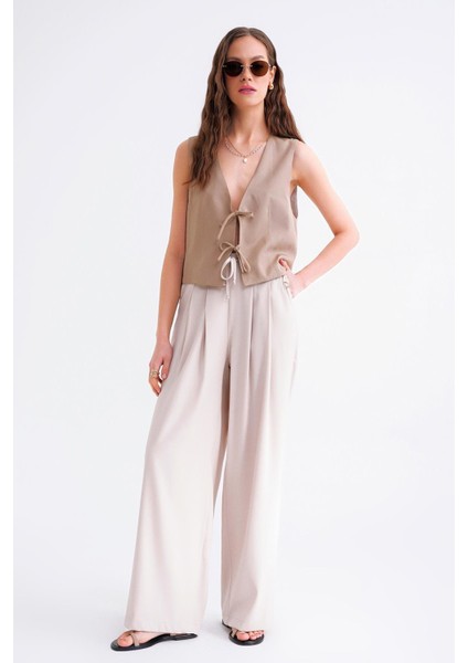 4681 Kadın Bağlamalı Çift Pileli Palazzo Bol Paça Pantolon Taş fiyatları