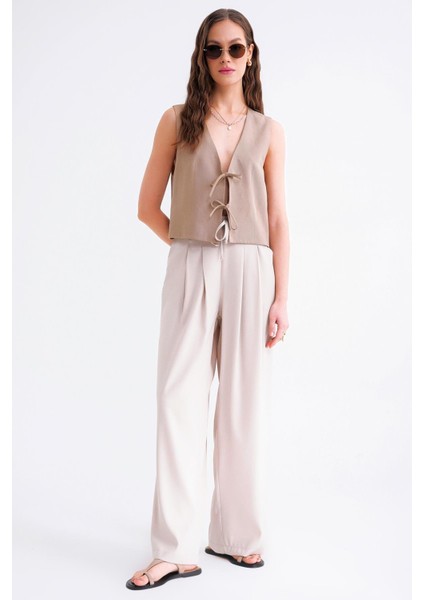 4681 Kadın Bağlamalı Çift Pileli Palazzo Bol Paça Pantolon Taş indirimleri