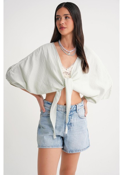 4723 Kadın Önü Bağlamalı Bolero Bluz Adaçayı modelleri