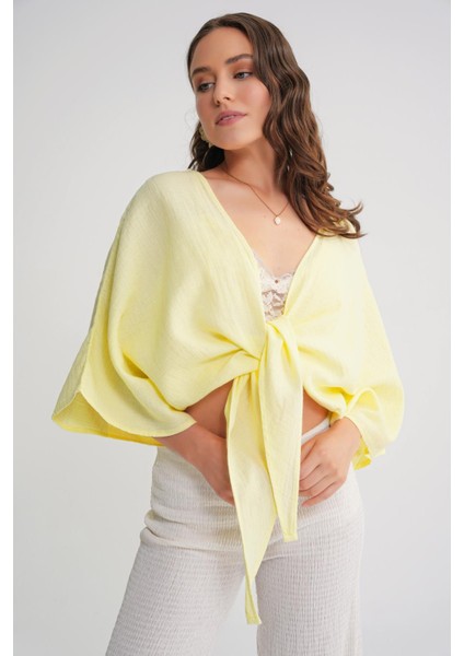 4723 Kadın Önü Bağlamalı Bolero Bluz Sarı modelleri