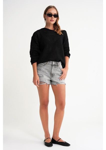 6942 Kadın Kayık Yaka Mevsimlik Ajurlu Kazak Siyah fiyatları