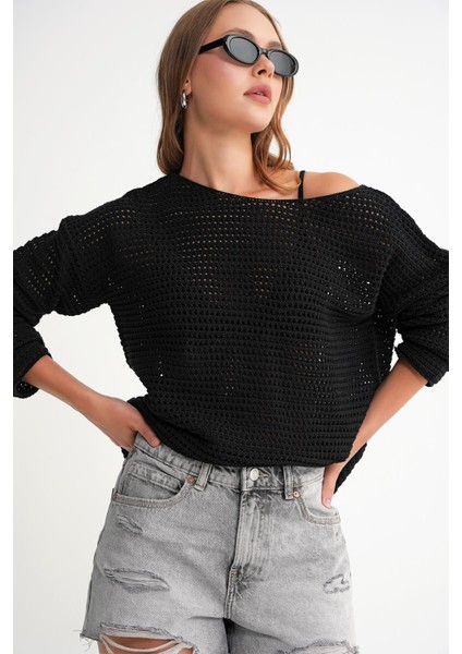 6942 Kadın Kayık Yaka Mevsimlik Ajurlu Kazak Siyah modelleri