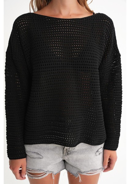 6942 Kadın Kayık Yaka Mevsimlik Ajurlu Kazak Siyah fırsatları