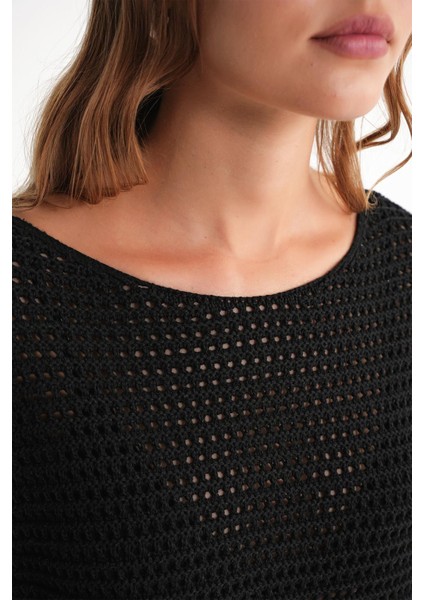 6942 Kadın Kayık Yaka Mevsimlik Ajurlu Kazak Siyah indirimleri