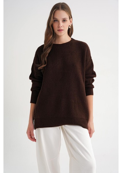 6949 Kadın Bisiklet Yaka Ince Örgülü Triko Kazak Kahve