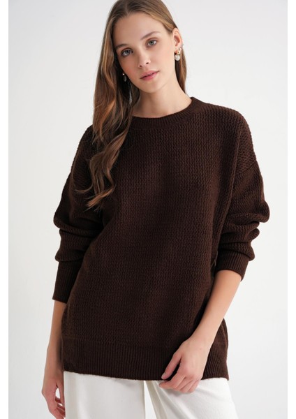 6949 Kadın Bisiklet Yaka Ince Örgülü Triko Kazak Kahve modelleri