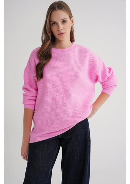 6949 Kadın Bisiklet Yaka Ince Örgülü Triko Kazak Pembe