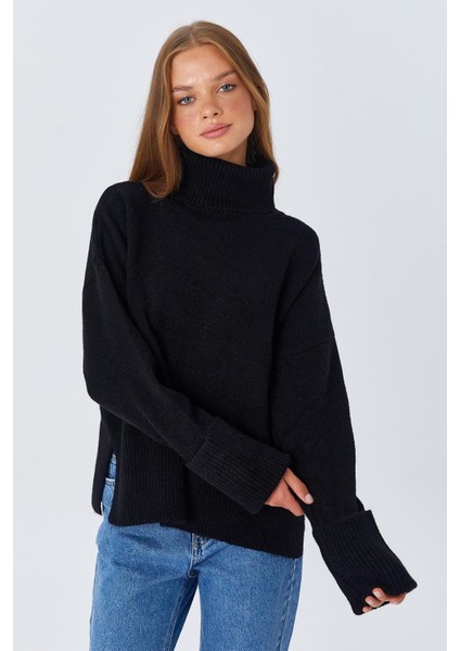 6828 Kadın Double Kol Balıkçı Triko Kazak Siyah indirimleri