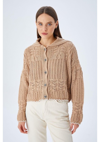 6861 Kadın Ajurlu Etek Ucu Renkli Triko Hırka Vizon