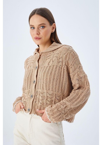 6861 Kadın Ajurlu Etek Ucu Renkli Triko Hırka Vizon fiyatları