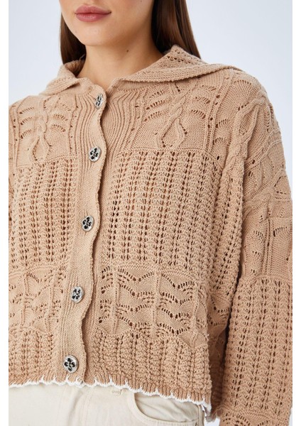 6861 Kadın Ajurlu Etek Ucu Renkli Triko Hırka Vizon modelleri