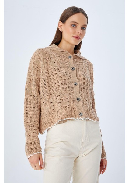 6861 Kadın Ajurlu Etek Ucu Renkli Triko Hırka Vizon fırsatları