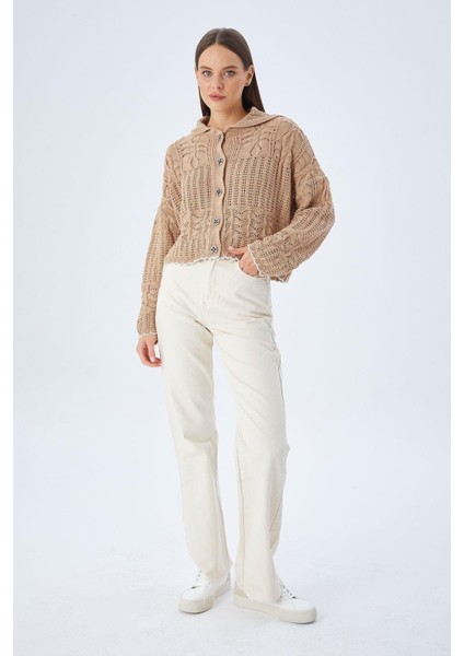 6861 Kadın Ajurlu Etek Ucu Renkli Triko Hırka Vizon indirimleri