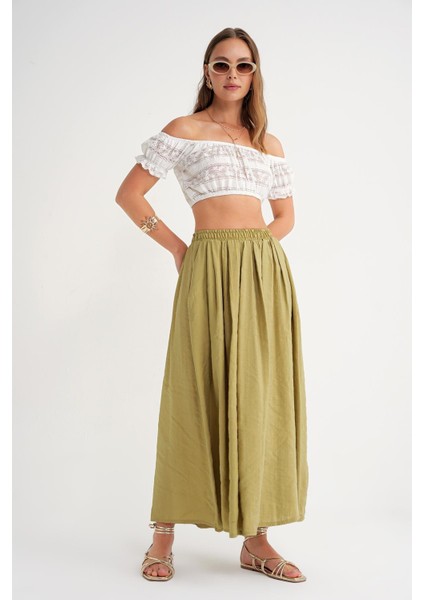 4612 Kadın Yandan Cepli Pileli Bol Etek Olive fiyatları