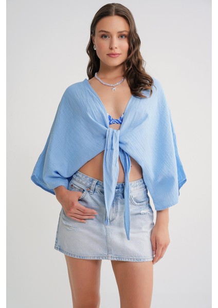 4723 Kadın Önü Bağlamalı Bolero Bluz Bebe Mavi