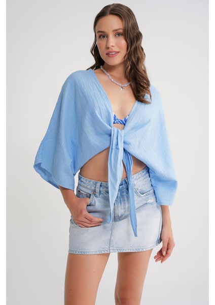 4723 Kadın Önü Bağlamalı Bolero Bluz Bebe Mavi fiyatları