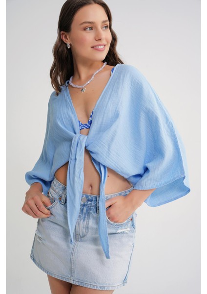 4723 Kadın Önü Bağlamalı Bolero Bluz Bebe Mavi fırsatları