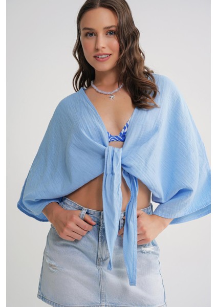 4723 Kadın Önü Bağlamalı Bolero Bluz Bebe Mavi indirimleri