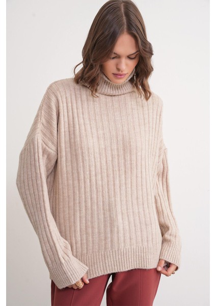 6928 Kadın Fitilli Balıkçı Yaka Triko Kazak Vizon