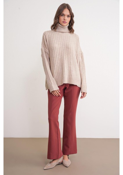 6928 Kadın Fitilli Balıkçı Yaka Triko Kazak Vizon fiyatları