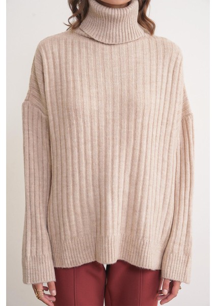 6928 Kadın Fitilli Balıkçı Yaka Triko Kazak Vizon fırsatları