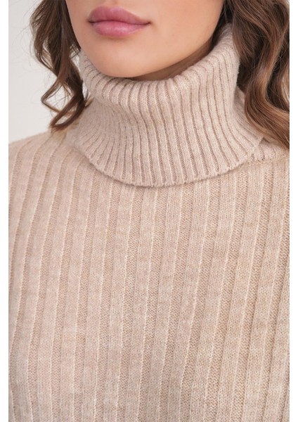 6928 Kadın Fitilli Balıkçı Yaka Triko Kazak Vizon indirimleri