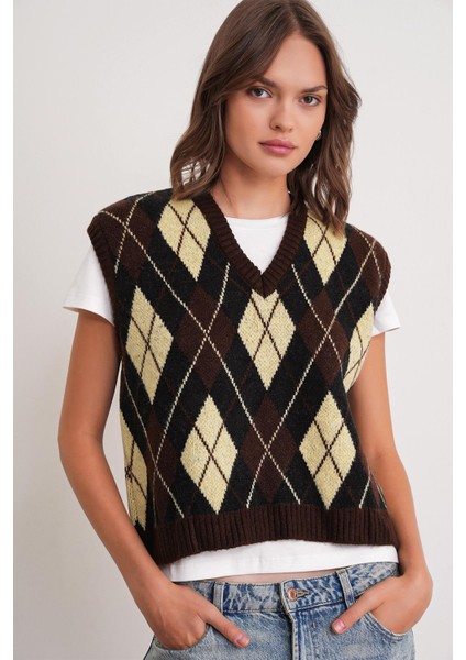 6930 Kadın Baklava Desenli Triko Süveter Kahve