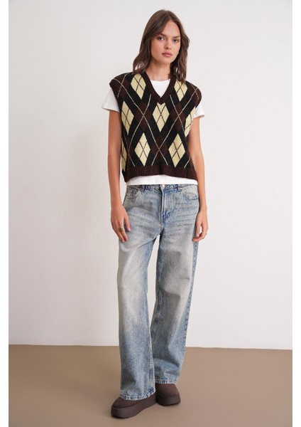 6930 Kadın Baklava Desenli Triko Süveter Kahve fiyatları