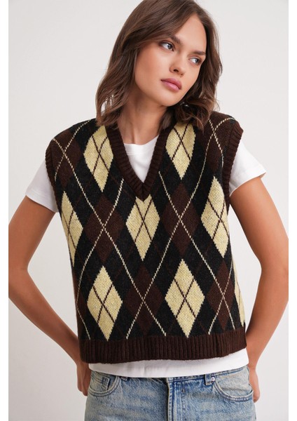 6930 Kadın Baklava Desenli Triko Süveter Kahve modelleri