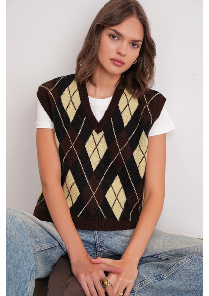 6930 Kadın Baklava Desenli Triko Süveter Kahve fırsatları