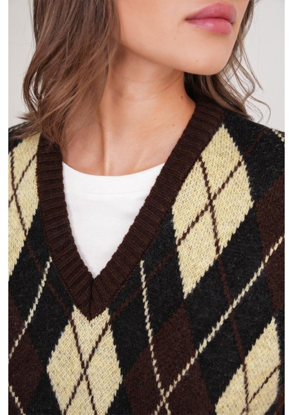 6930 Kadın Baklava Desenli Triko Süveter Kahve indirimleri