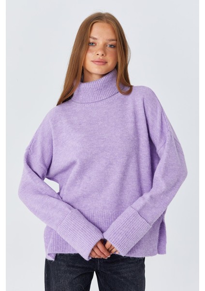 6828 Kadın Double Kol Balıkçı Triko Kazak Lila indirimleri